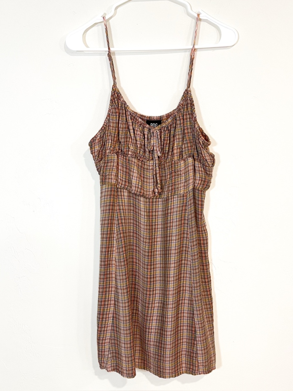 BDG Urban Outfitters Kamaryn Plaid Tie Mini Dress Babydoll Size Large Orange